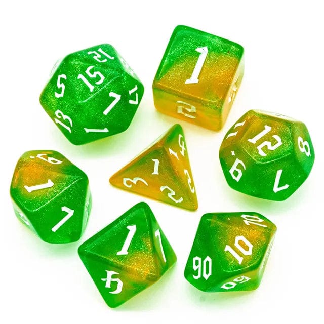 NordicDice Akryl og Resin Galakse terningesæt - grøn og gul
