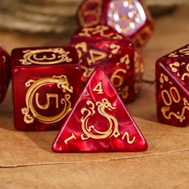 NordicDice Akryl og Resin Red Dragonborn dice set