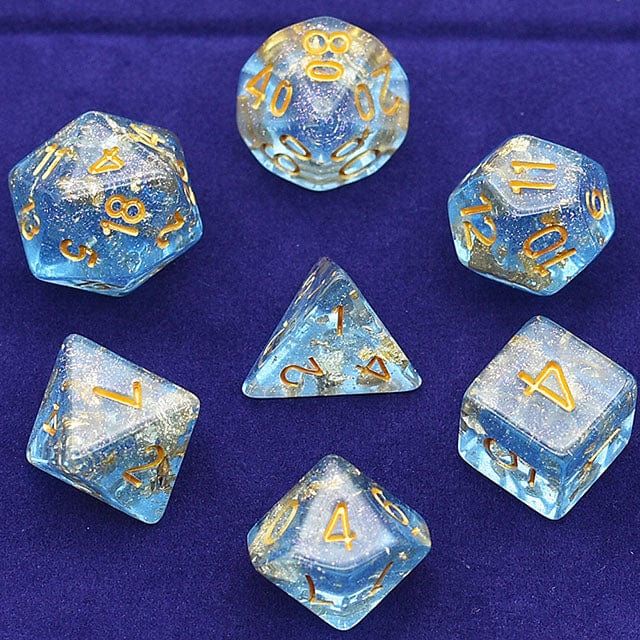 NordicDice Akryl og Resin Skinnende Guldterningssæt i blå- 7 stk