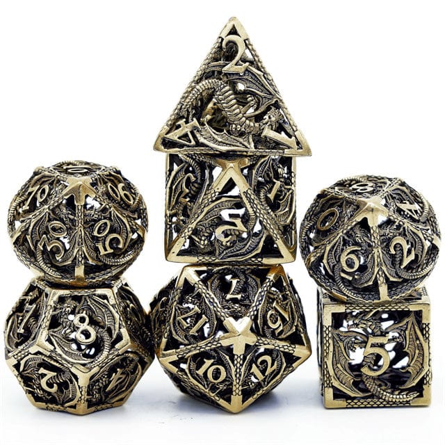 NordicDice Metal terninger Mat bronze Hul Drage Dice Lavet af Metal - 7 stk rollespilsterninger