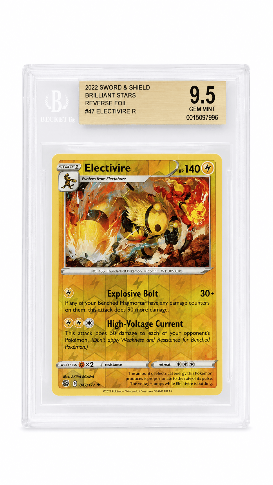 NordicDice Pkm Singles Pokemon Card PSA Graded: Electivire – 47/172 – Reverse psa graded 9.5 - English