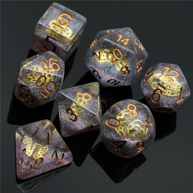 NordicDice Akryl og Resin Steampunk Glitterterninger med Tandhjul - 7 stk