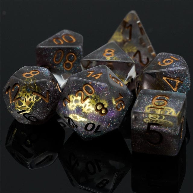 NordicDice Akryl og Resin Steampunk Glitterterninger med Tandhjul - 7 stk