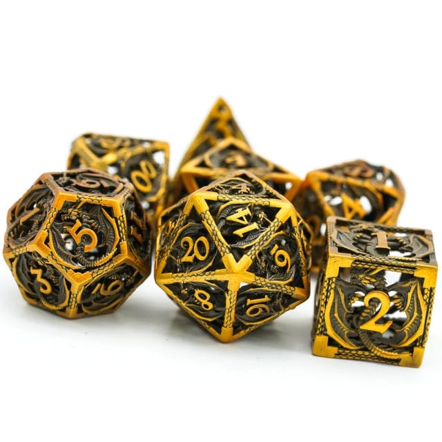 NordicDice Metal terninger Guld Hul Drage Dice Lavet af Metal - 7 stk rollespilsterninger